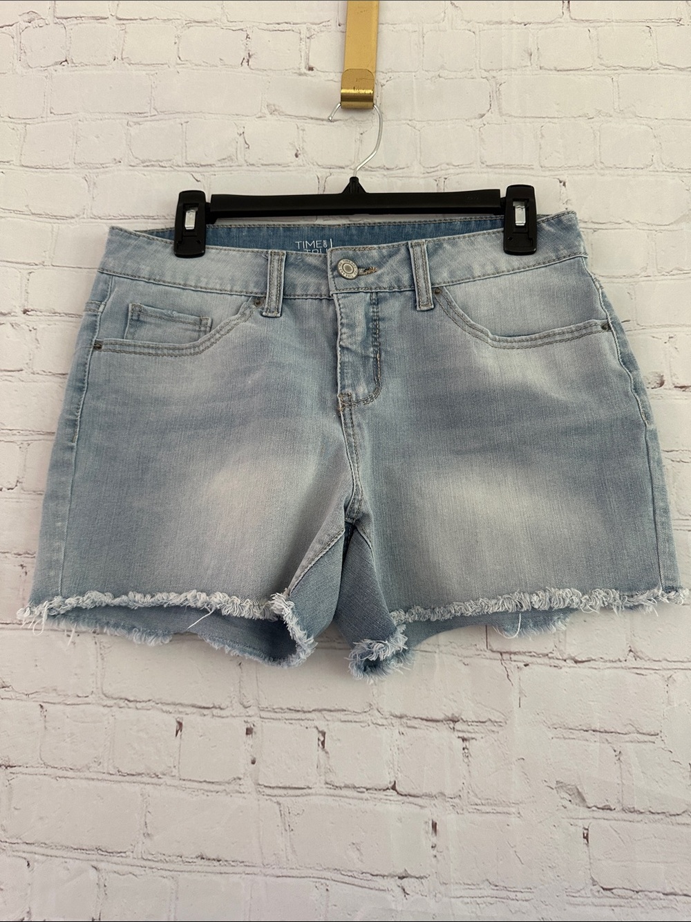 Time and True Light Wash Denim Frayed Hem Women's Shorts